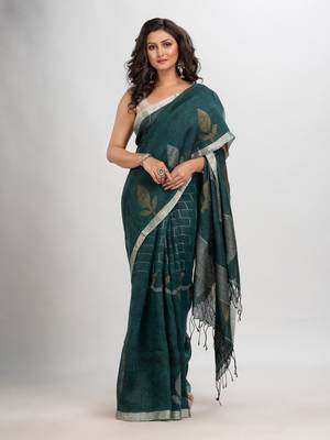 Dark bottle green linen with zari border jamdani saree 1