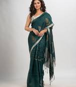 Dark bottle green linen with zari border jamdani saree