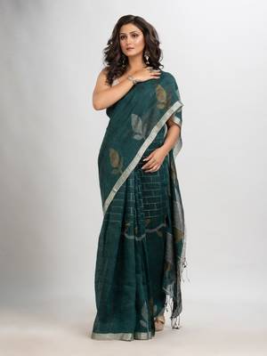 Dark bottle green linen with zari border jamdani saree 2