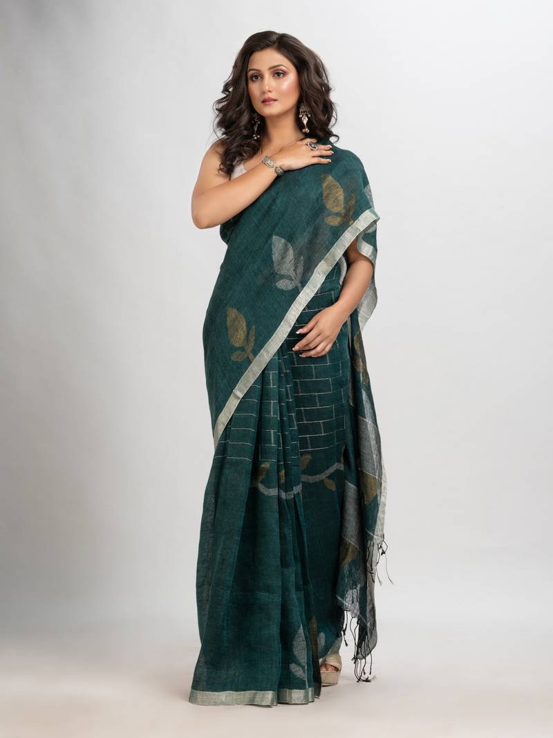 Dark bottle green linen with zari border jamdani saree