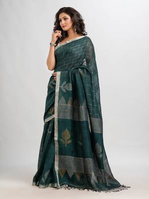 Dark bottle green linen with zari border jamdani saree 3