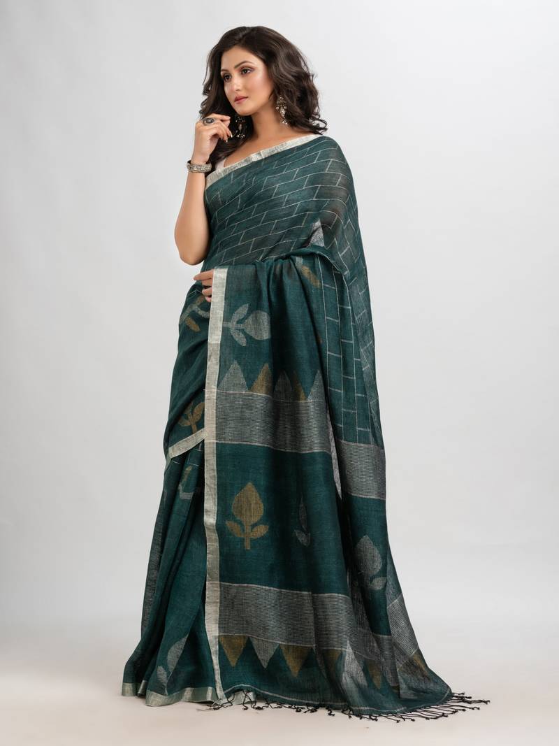 Dark bottle green linen with zari border jamdani saree