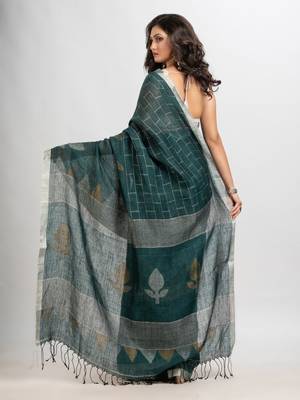 Dark bottle green linen with zari border jamdani saree 4