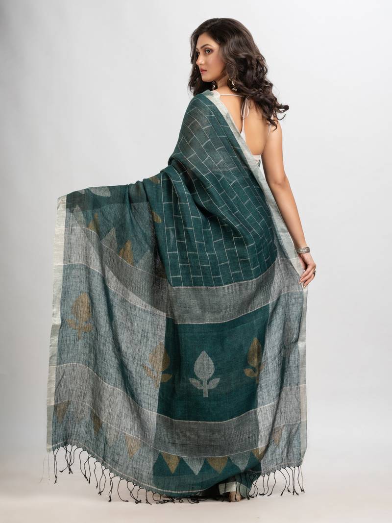 Dark bottle green linen with zari border jamdani saree