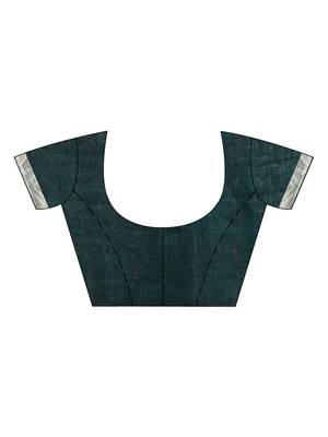 Dark bottle green linen with zari border jamdani saree 5