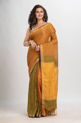 Golden brown linen handloom saree