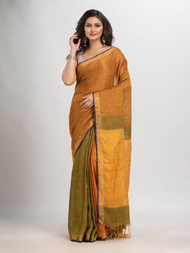 Golden brown linen handloom saree