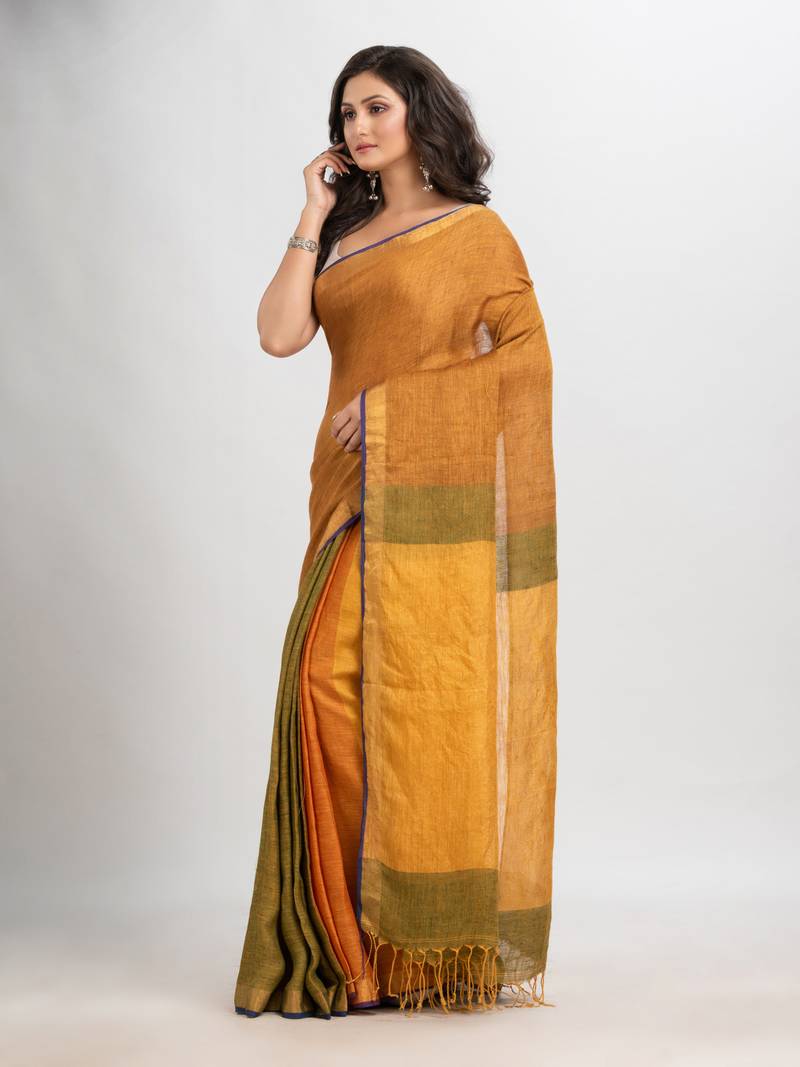 Golden brown linen handloom saree
