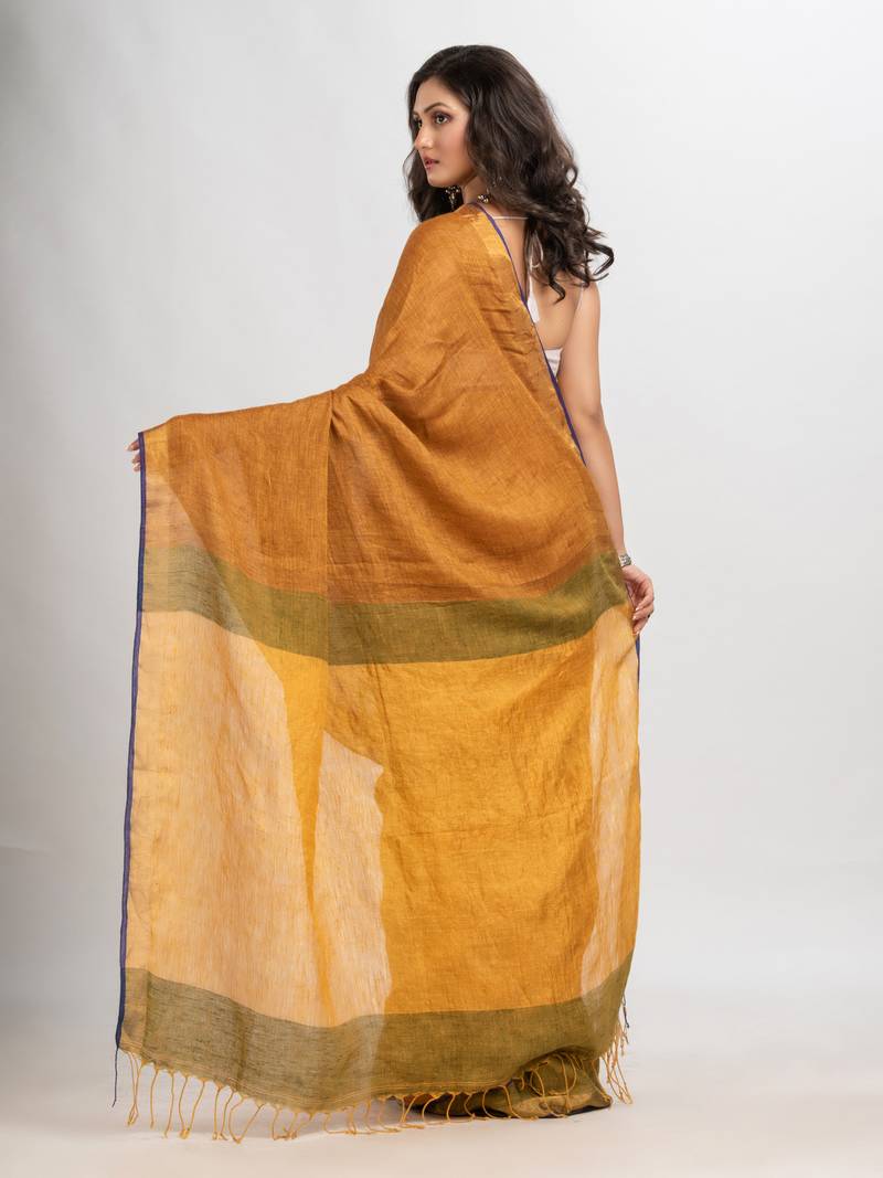 Golden brown linen handloom saree