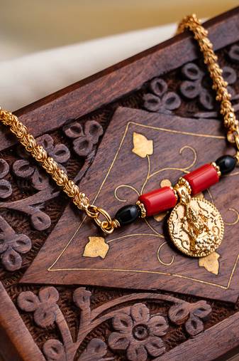  24" medium length golden mangalsutra one gram gold with single big laxmi tali