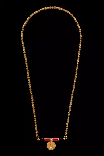  24" medium length golden mangalsutra one gram gold with single big laxmi tali