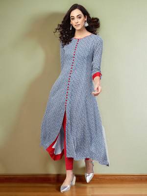 Blue Rayon Geometric Printed A-Line Long Kurti 7