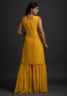 Yellow Color Embroidered Sequence Work Georgette Staright Kurti and Sharara Set With Dupatta 5