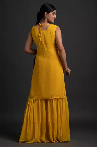 Yellow Color Embroidered Sequence Work Georgette Staright Kurti and Sharara Set With Dupatta