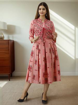 Women Floral Flared Jacketed Kurti in Pink 1