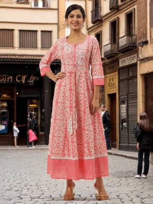 Peach printed cotton long-dresses 1