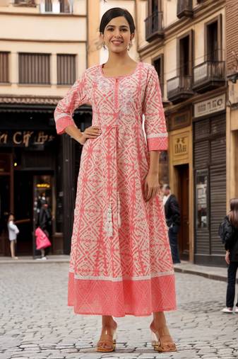 Peach printed cotton long-dresses