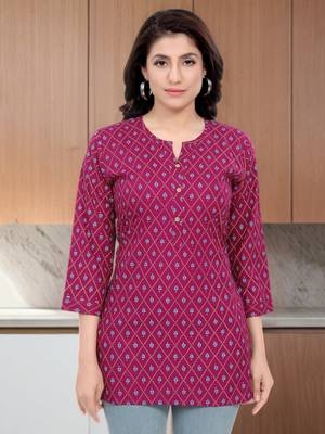 Burgundy printed rayon short-kurtis 1