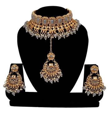 Soni craft greceful gold plated grey kundan jewel set (1038) 1