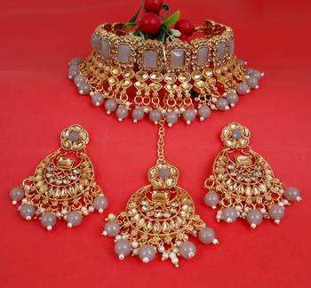 Soni craft greceful gold plated grey kundan jewel set (1038) 2