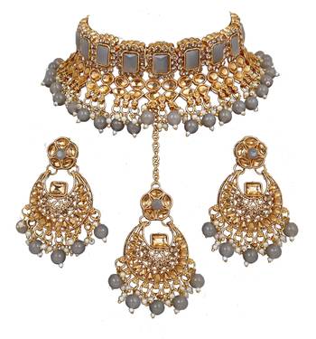 Soni craft greceful gold plated grey kundan jewel set (1038) 3