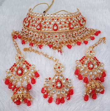 Soni craft red color gold plated choker kundan jewel set (1043) 2