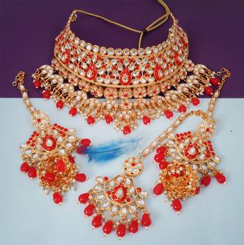 Soni craft red color gold plated choker kundan jewel set (1043) 3