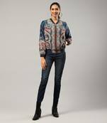 Teal printed velvet bomber jacket by LABEL