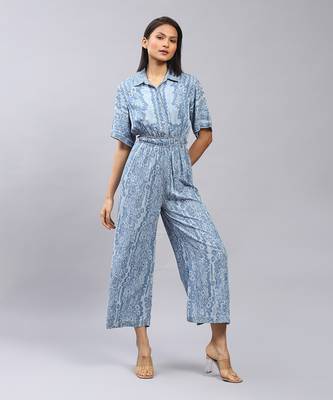 Blue floral print denim jumpsuit by LABEL 1