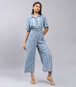 Blue floral print denim jumpsuit by LABEL