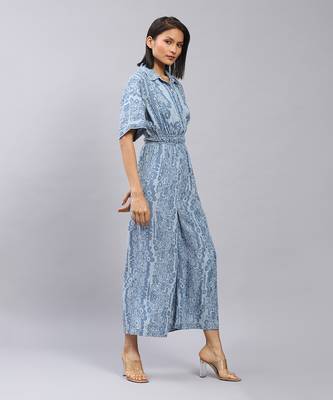 Blue floral print denim jumpsuit by LABEL 3