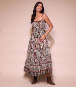 Brown printed strappy long dress by LABEL