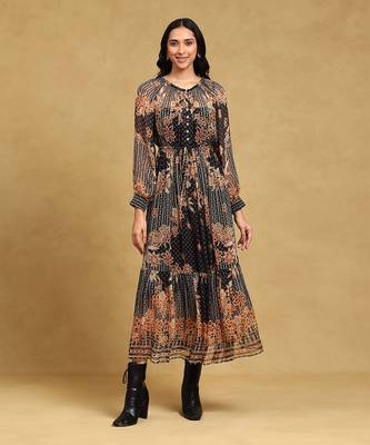 Black floral print chiffon long dress with inner  by LABEL 1