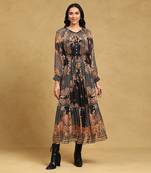 Black floral print chiffon long dress with inner  by LABEL