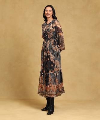 Black floral print chiffon long dress with inner  by LABEL 2