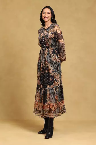 Black floral print chiffon long dress with inner  by LABEL