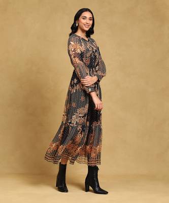 Black floral print chiffon long dress with inner  by LABEL 3