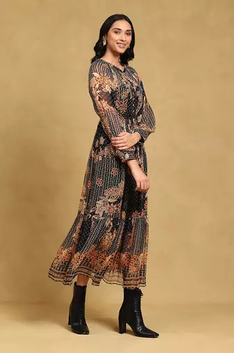Black floral print chiffon long dress with inner  by LABEL