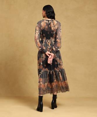 Black floral print chiffon long dress with inner  by LABEL 4