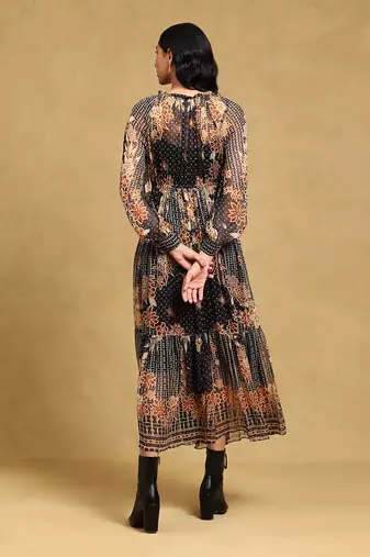 Black floral print chiffon long dress with inner  by LABEL