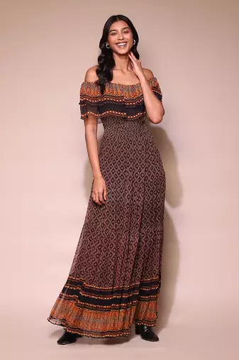 Brown printed strapless long dress