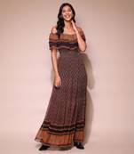 Brown printed strapless long dress