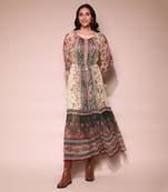 Ecru & green floral print long dress with inner by LABEL