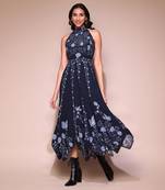 LABEL Navy blue botanical print long dress
