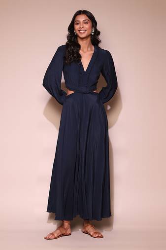 Navy blue cut away long dress