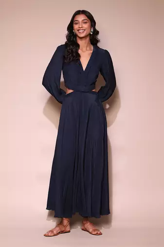 Navy blue cut away long dress
