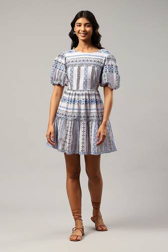 Blue geometric print short dress