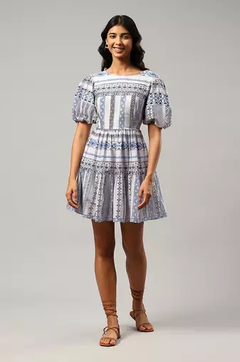 Blue geometric print short dress
