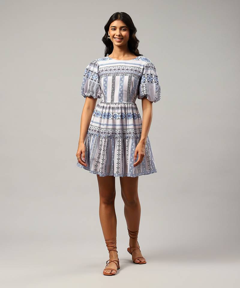 Blue geometric print short dress