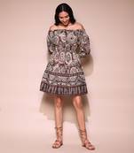 LABEL Brown printed off shoulder short dress
